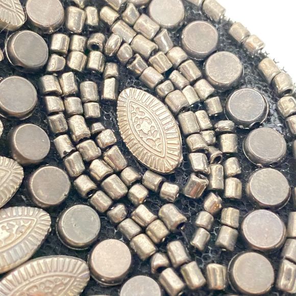 Egyptian Revival Style Beaded Collar Marquise Discs Cylinders Silver Tone Black - Picture 5 of 14